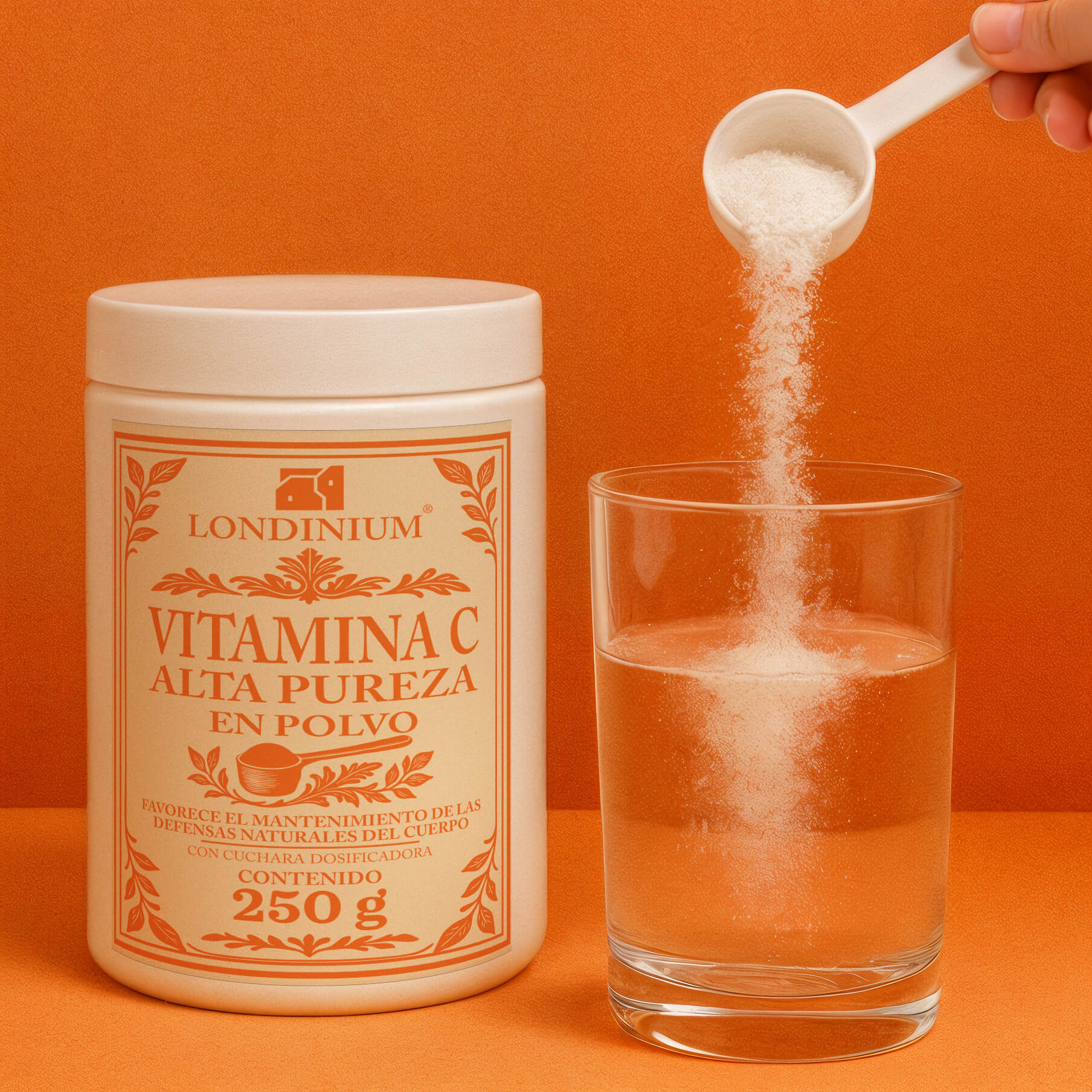 Imagen de una persona disolviendo Londinium Vitamina C en un vaso